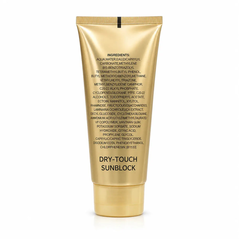 Back view of Lady Model Collagen Ultra SPF 90+ Dry Touch Sunscreen tube showing ingredients, directions, and product information