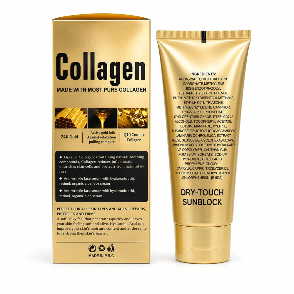 Back view of Lady Model Collagen Ultra SPF 90+ Dry Touch Sunscreen showing ingredients, directions, and retail packaging