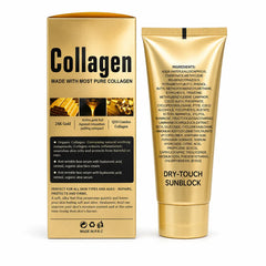 Back view of Lady Model Collagen Ultra SPF 90+ Dry Touch Sunscreen showing ingredients, directions, and retail packaging