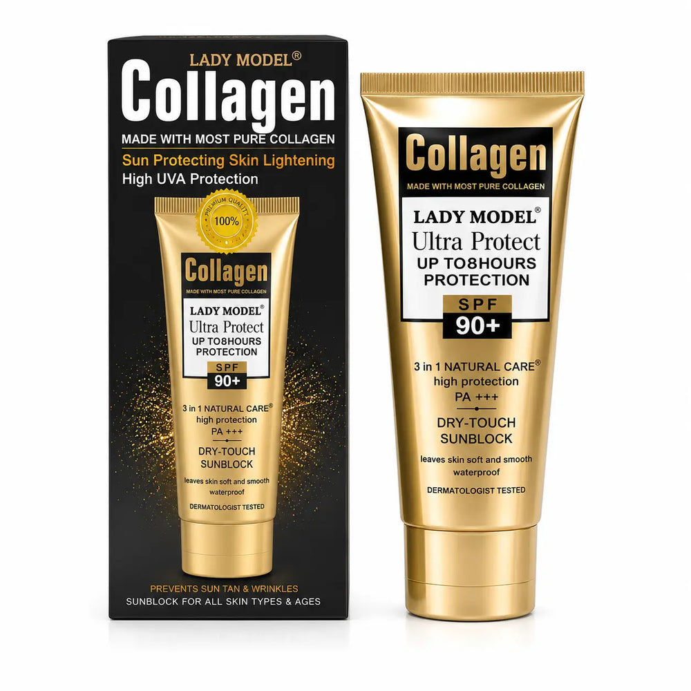 Lady Model Collagen Ultra SPF 90+ Dry Touch Sunscreen with retail box and tube for broad-spectrum UV protection