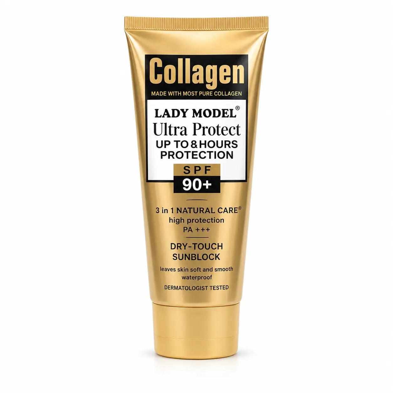 Lady Model Collagen Ultra SPF 90+ Dry Touch Sunscreen tube with broad-spectrum UV protection for glowing and healthy skin