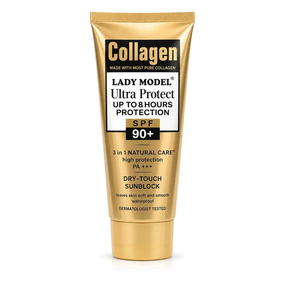 Lady Model Collagen Ultra SPF 90+ Dry Touch Sunscreen tube with broad-spectrum UV protection for glowing and healthy skin