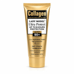 Lady Model Collagen Ultra SPF 90+ Dry Touch Sunscreen tube with broad-spectrum UV protection for glowing and healthy skin