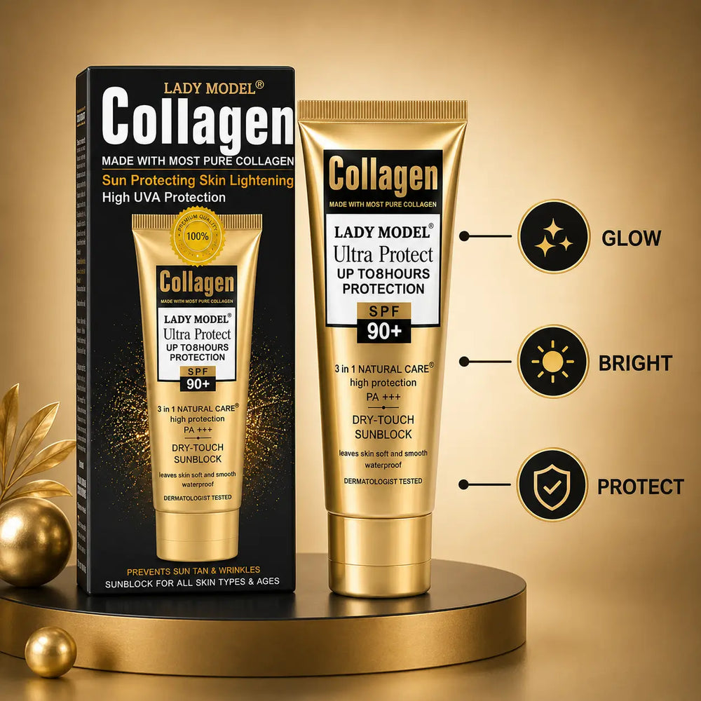 Lady Model Collagen Ultra SPF 90+ Dry Touch Sunscreen with UV protection for glowing and bright skin