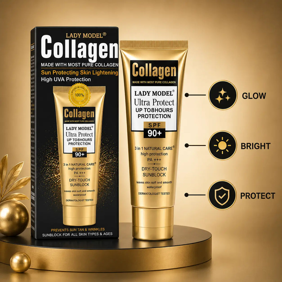 Lady Model Collagen Ultra SPF 90+ Dry Touch Sunscreen with UV protection for glowing and bright skin