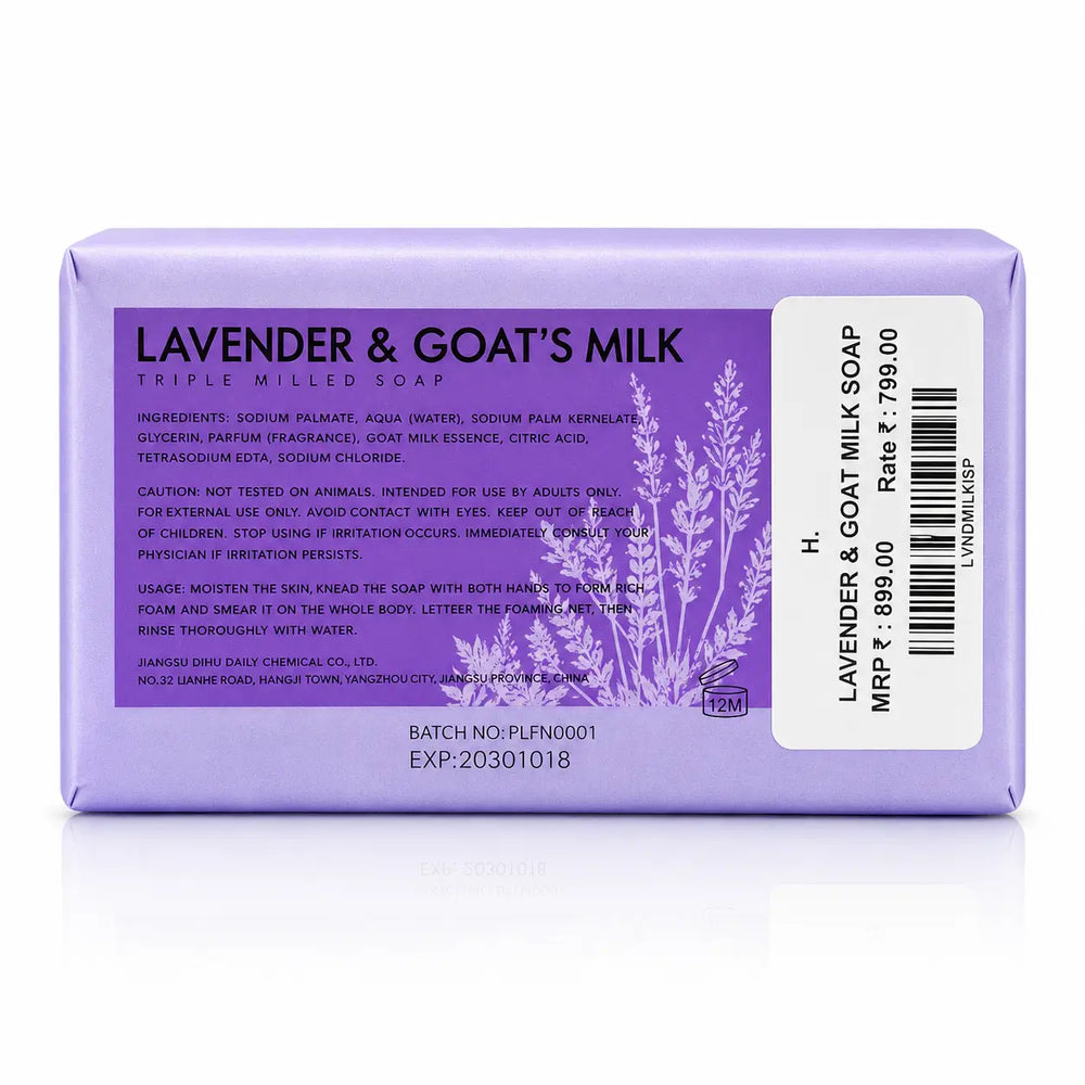 Lavender and goat’s milk triple milled soap in a purple wrapper, showing the back label with product details and a white price sticker.