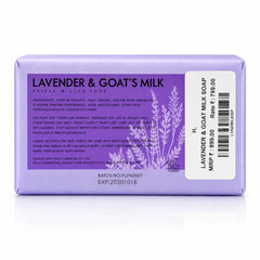 Lavender and goat’s milk triple milled soap in a purple wrapper, showing the back label with product details and a white price sticker.