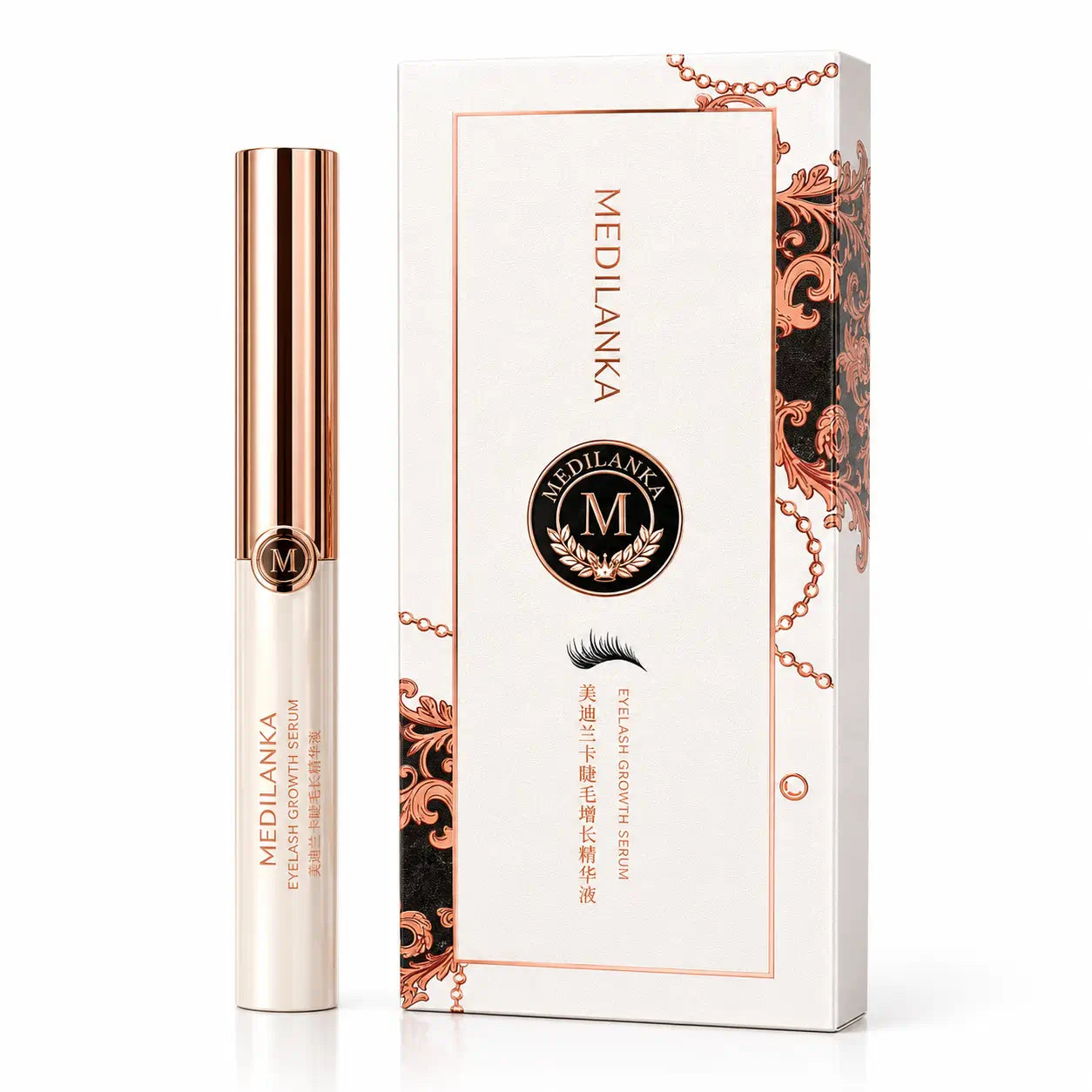 MEDILANKA eyelash serum in a slim rose gold cylindrical tube, displayed beside its white and rose gold decorative packaging box.