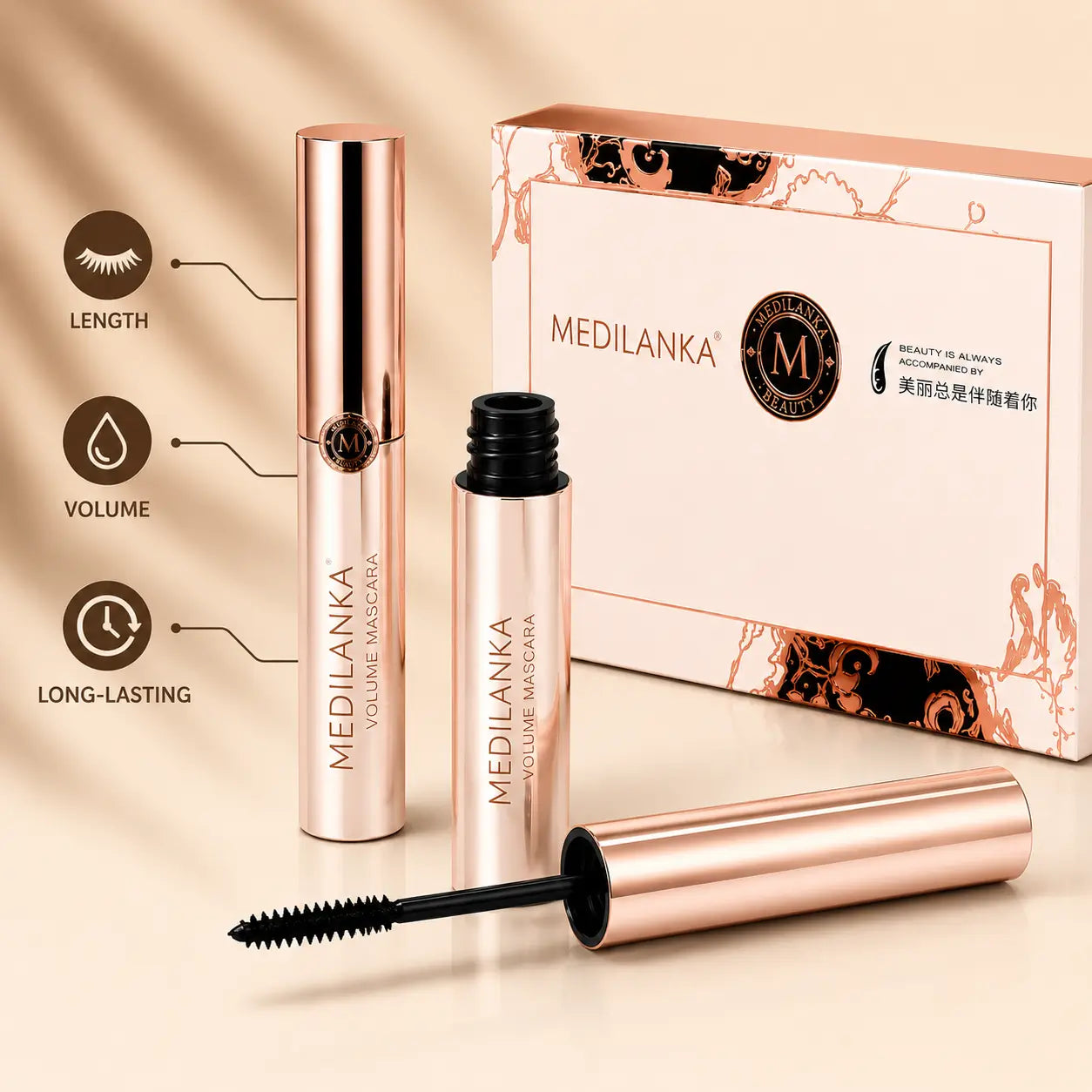 Medilanka Volume Maxima mascara with rose gold packaging and applicator wand