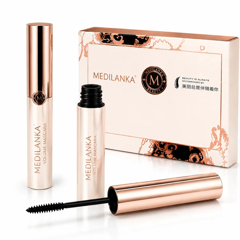 Medilanka Volume Maxima mascara with rose gold packaging and applicator wand