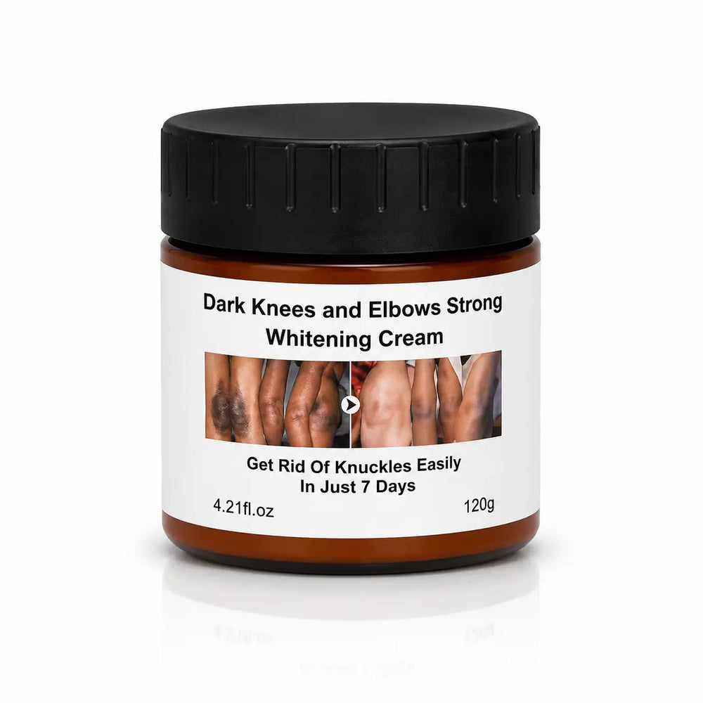 MOOYAM Dark Knees and Elbows Strong Whitening Cream in an amber jar with a black lid, featuring before-and-after skin images on the label.