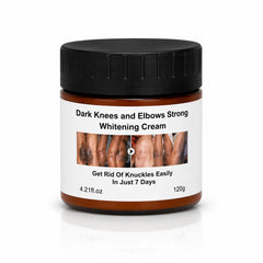 MOOYAM Dark Knees and Elbows Strong Whitening Cream in an amber jar with a black lid, featuring before-and-after skin images on the label.
