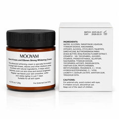 MOOYAM Dark Knees and Elbows Strong Whitening Cream jar displayed beside its white packaging box, showing the product ingredients and caution information.