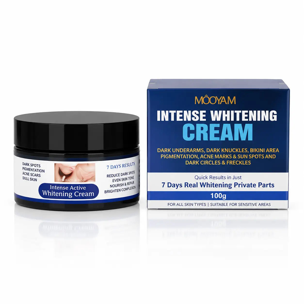 MOOYAM Intense Whitening Cream 100g with retail box and cream jar for skin brightening, moisturizing, and even skin tone