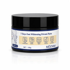 Back view of MOOYAM Intense Whitening Cream 100g jar showing application areas and product information