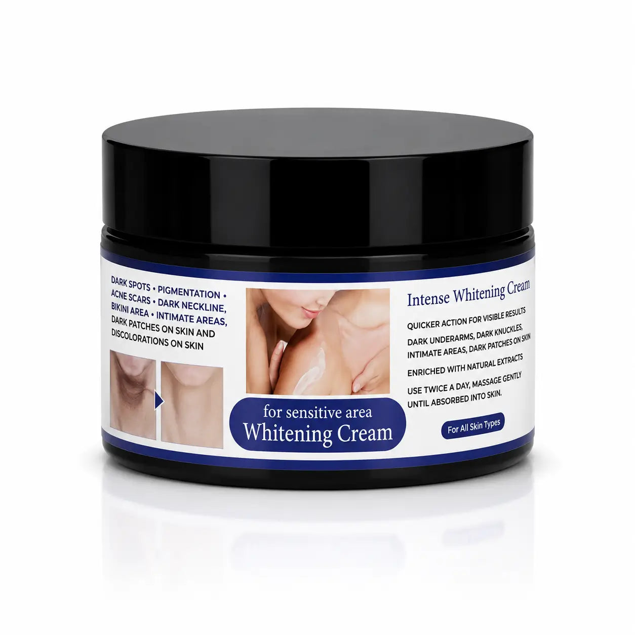 Front view of MOOYAM Intense Whitening Cream 100g jar for sensitive areas with skin brightening and moisturizing formula