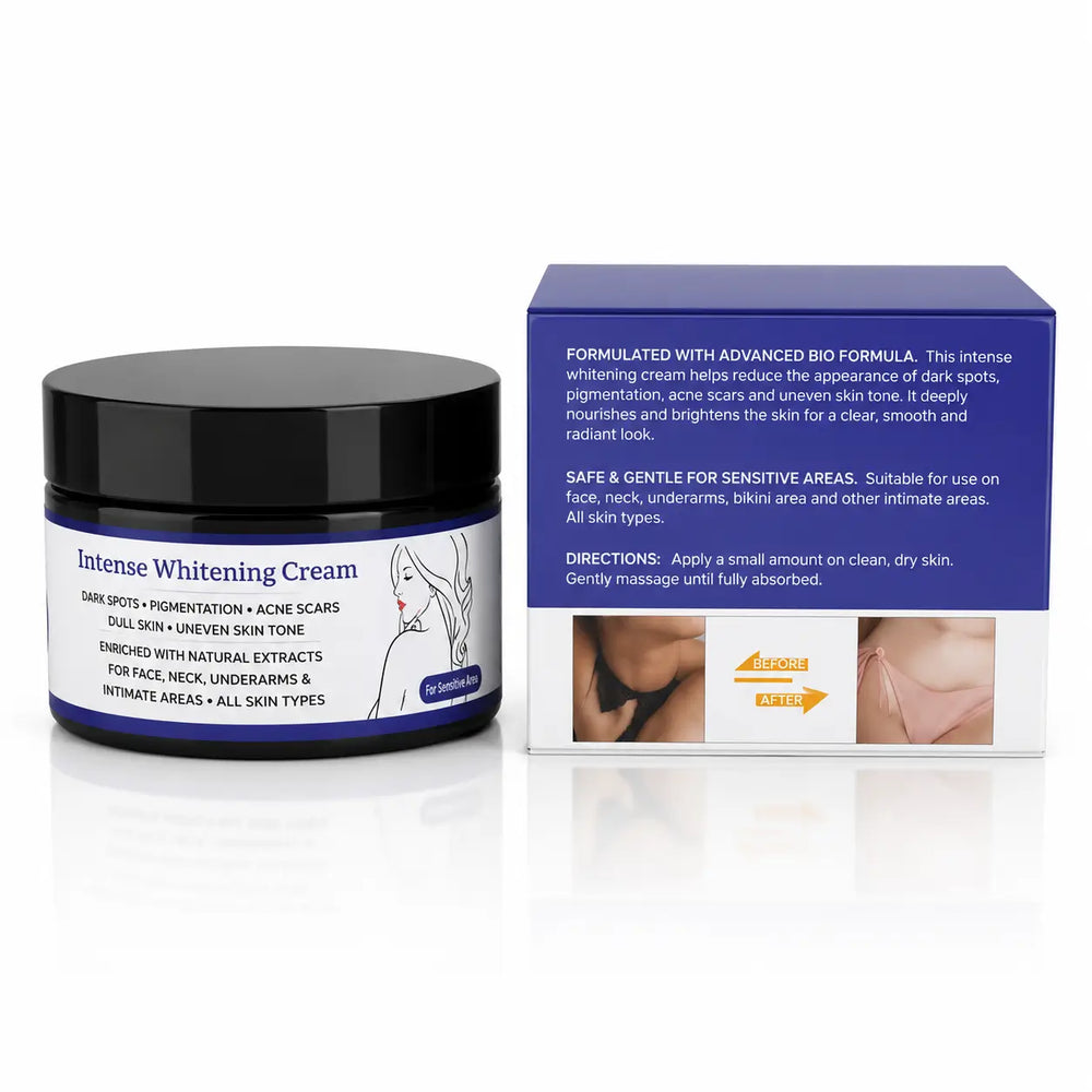 MOOYAM Intense Whitening Cream 100g jar with side view of retail box showing product information and usage details