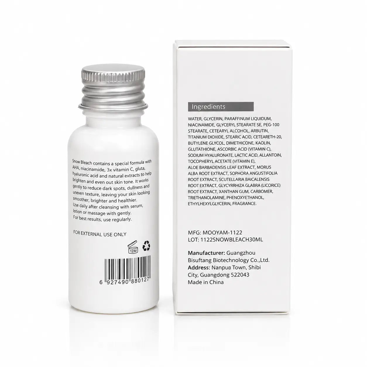 Back view of MOOYAM Snow Bleach 30ml bottle and retail box showing ingredients, directions, and product information