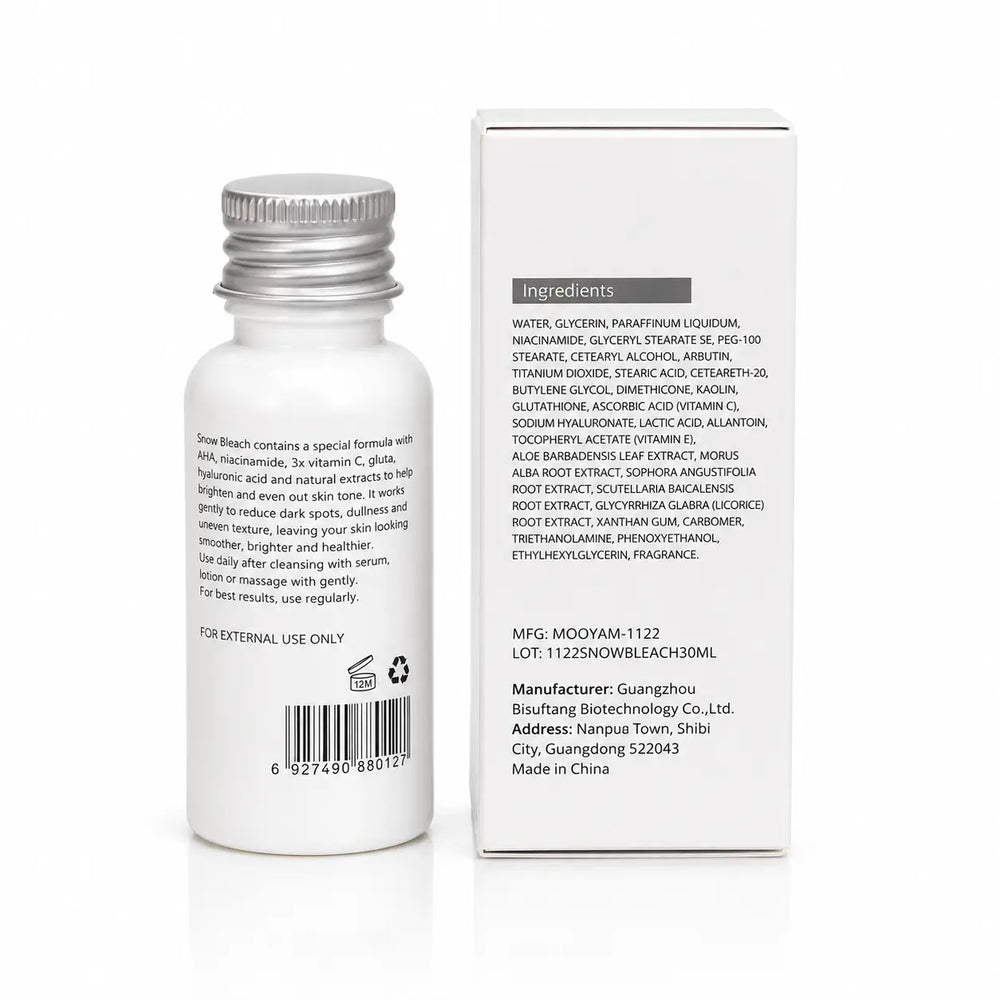 Back view of MOOYAM Snow Bleach 30ml bottle and retail box showing ingredients, directions, and product information