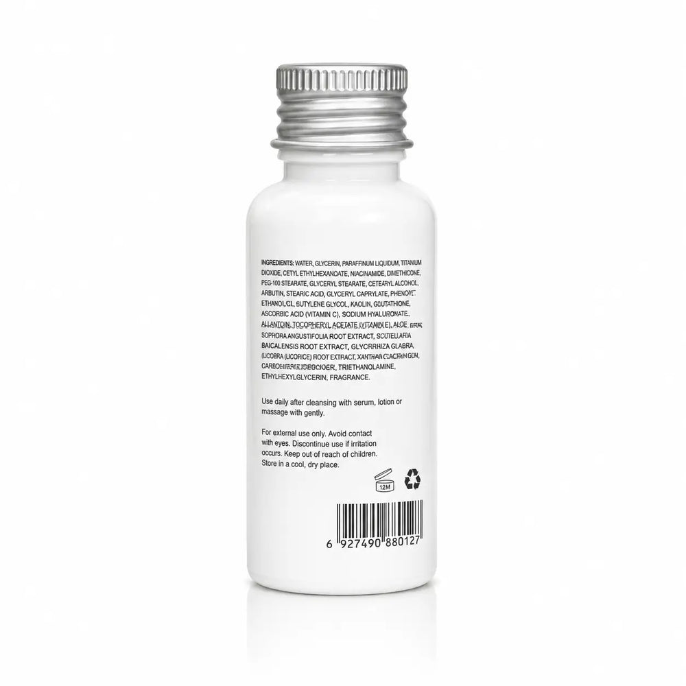 Back view of MOOYAM Snow Bleach 30ml bottle showing ingredients, directions, and product information