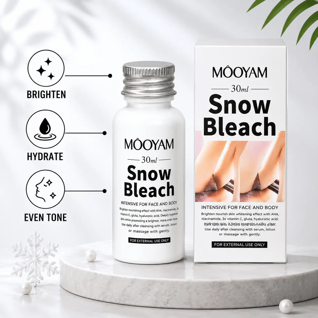 MOOYAM Snow Bleach 30ml bottle with retail box for face and body brightening, hydration, and even skin tone
