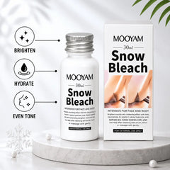 MOOYAM Snow Bleach 30ml bottle with retail box for face and body brightening, hydration, and even skin tone