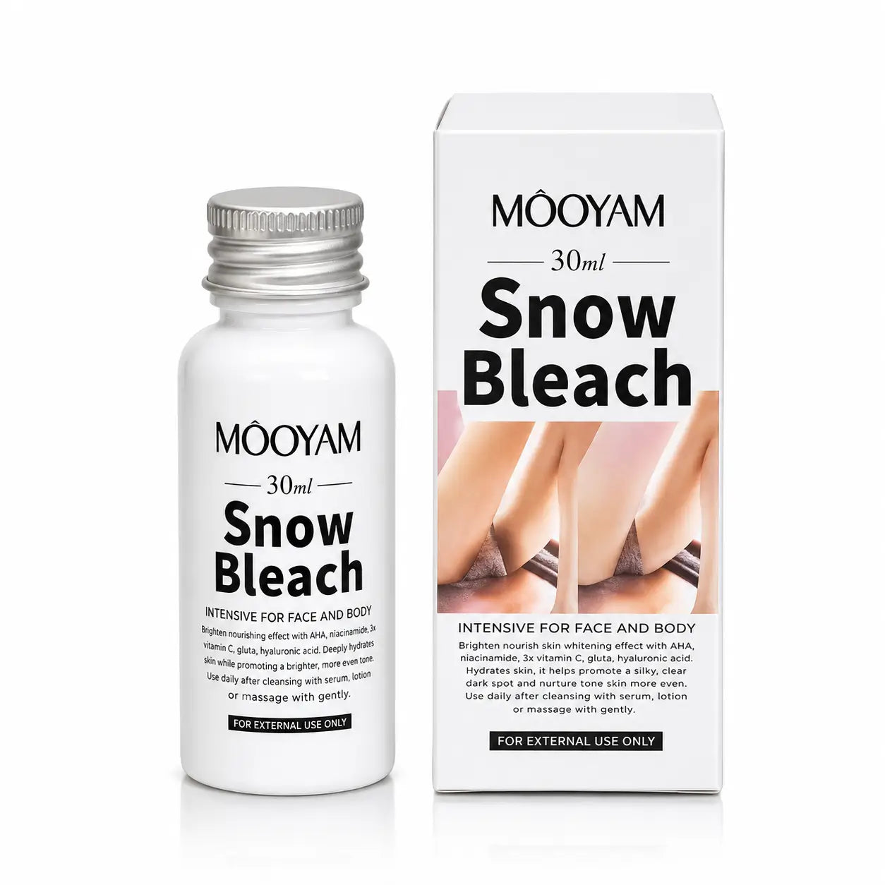 MOOYAM Snow Bleach 30ml bottle with retail box for face and body brightening and even skin tone