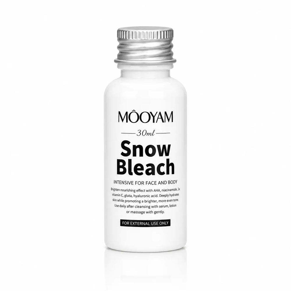 Front view of MOOYAM Snow Bleach 30ml bottle for face and body with skin brightening and even skin tone formula