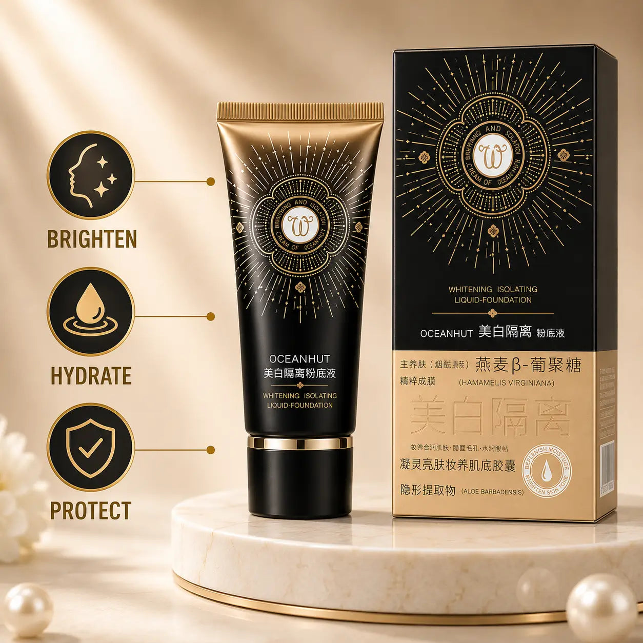 OCEANHUT Whitening Isolating Foundation tube with matching product box for brightening, hydrating, protecting skin, and creating a smooth makeup base.
Image Name
