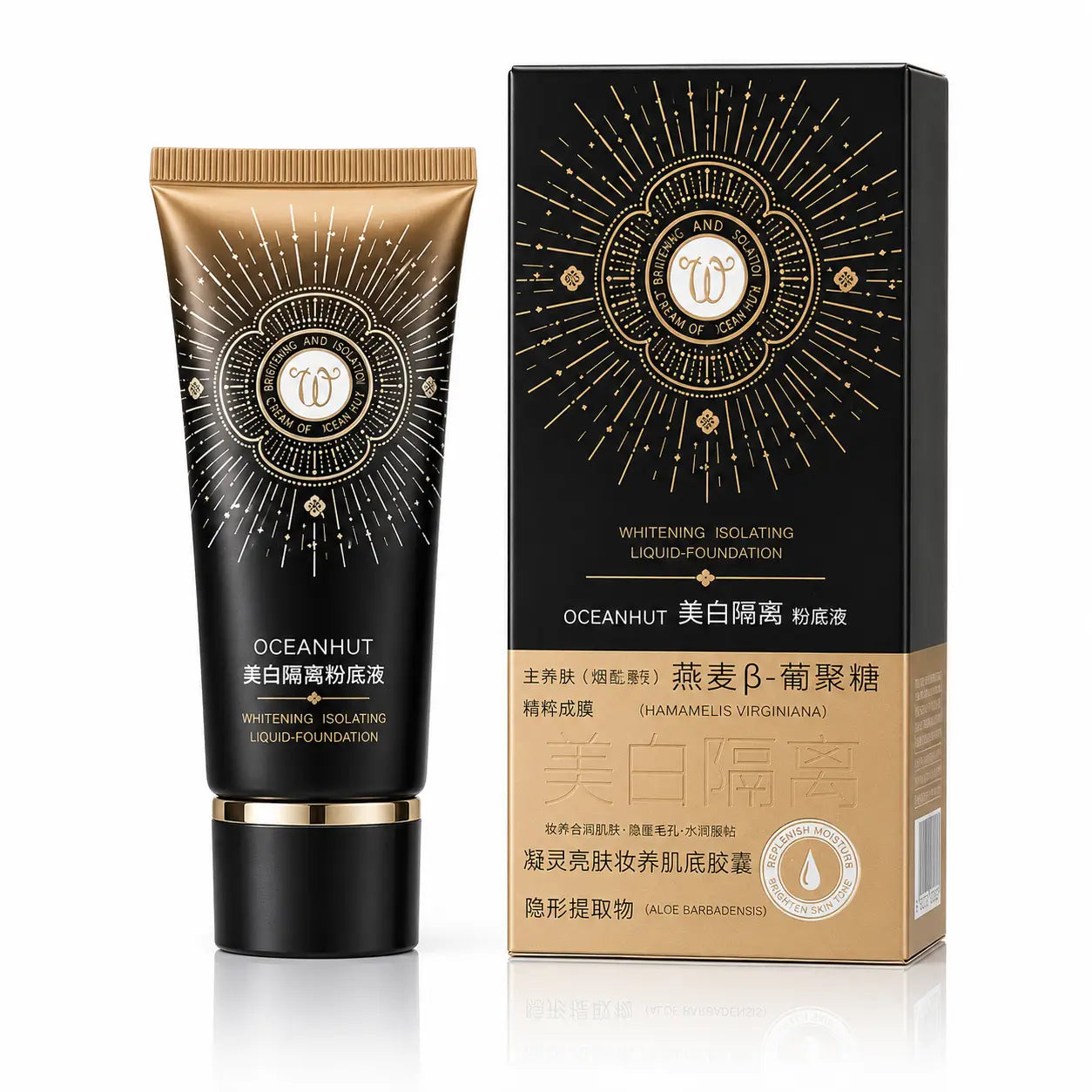OCEANHUT Whitening Isolating Foundation 48g tube displayed with its premium black and gold retail box on a white background.