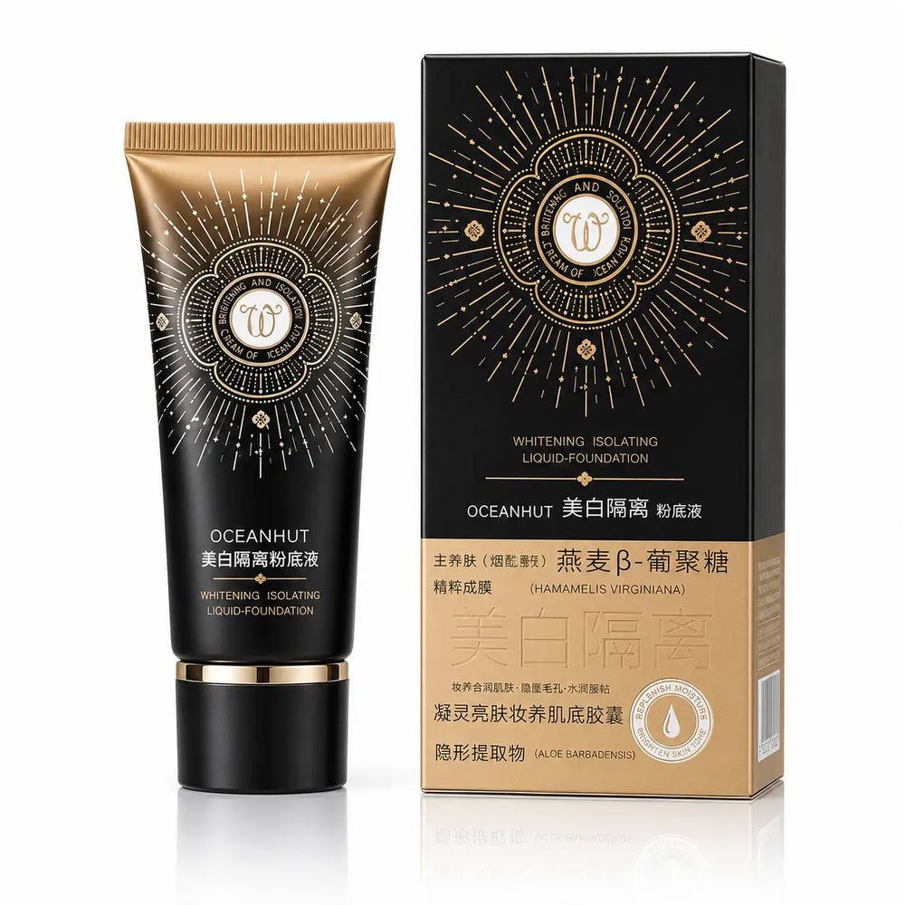 OCEANHUT Whitening Isolating Foundation 48g tube displayed with its premium black and gold retail box on a white background.