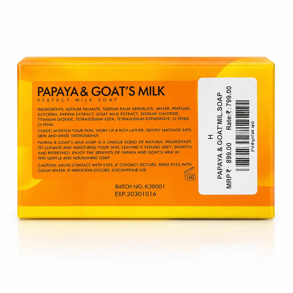 Papaya and Goat’s Milk Perfect Milk Soap in a yellow and orange package, showing the back label with product details and a white price sticker.