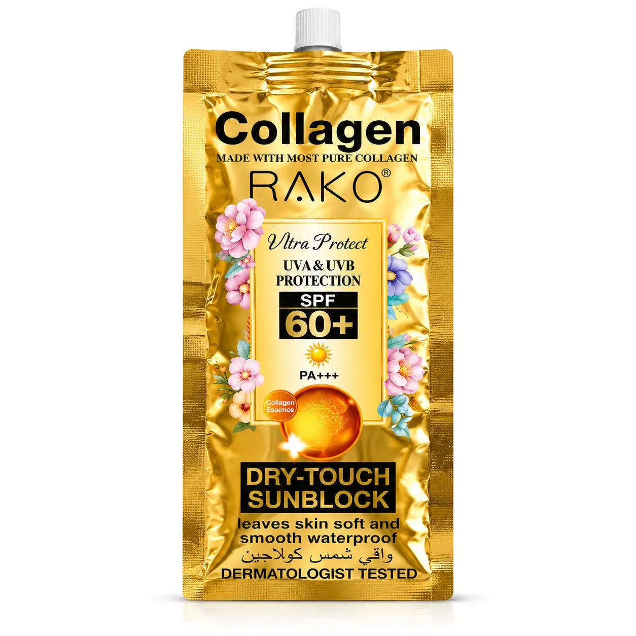 RAKO Collagen Ultra Protect SPF 60 PA+++ Dry Touch Sunblock pouch with floral design