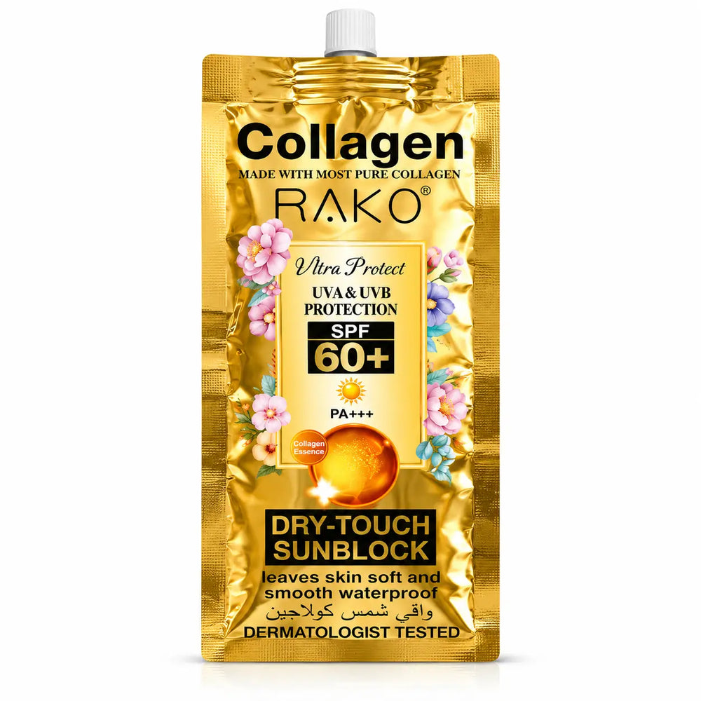 RAKO Collagen Ultra Protect SPF 60 PA+++ Dry Touch Sunblock pouch with floral design