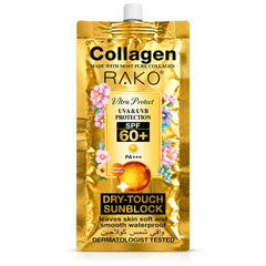 RAKO Collagen Ultra Protect SPF 60 PA+++ Dry Touch Sunblock pouch with floral design