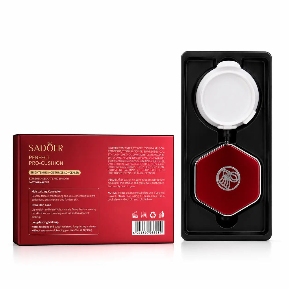 SADOER Perfect Pro-Cushion Moisturizing Concealer Cushion Foundation with compact case and back view of the retail packaging on a white background.