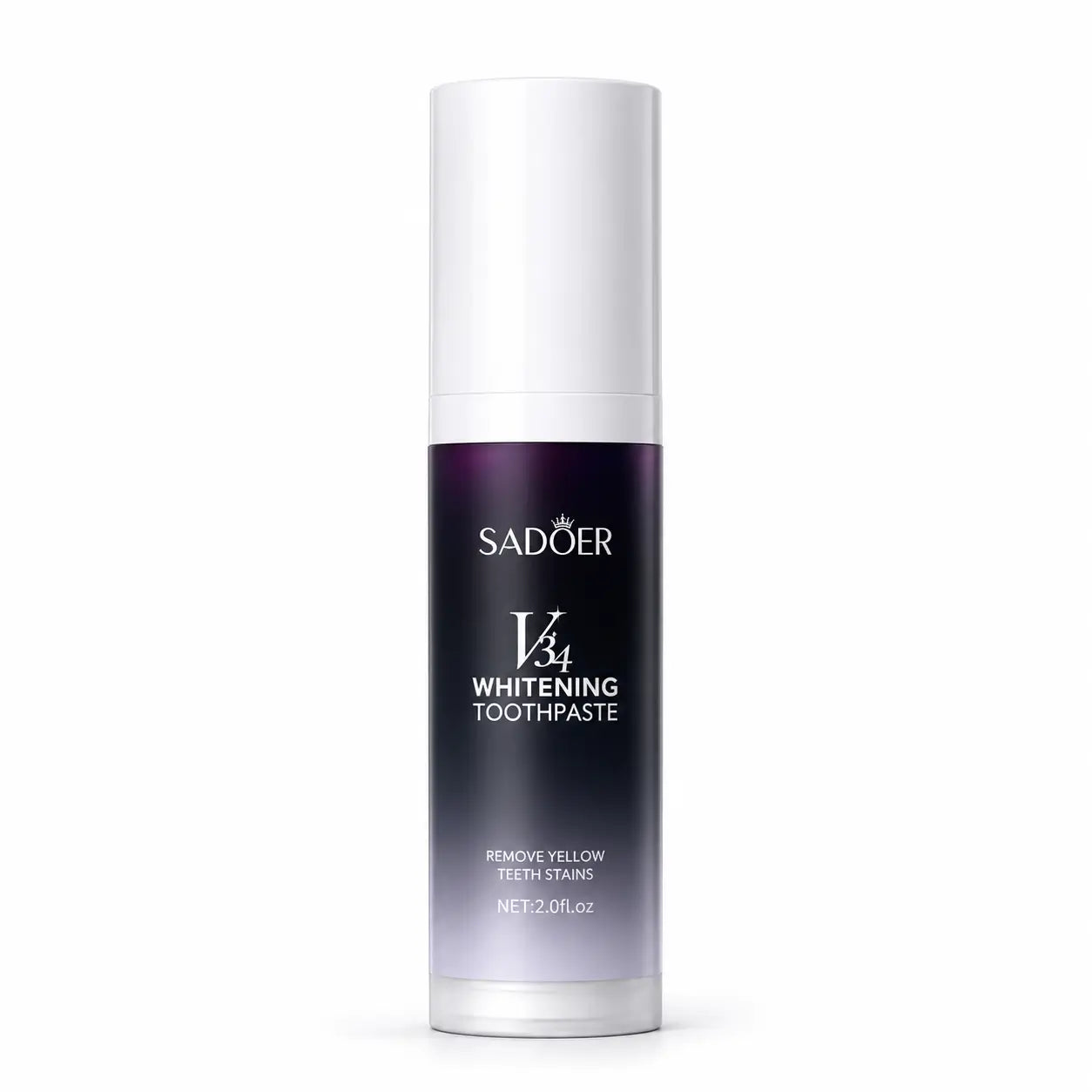 SADOER V34 Whitening Toothpaste in a cylindrical white and dark purple bottle with a gradient finish, shown on a white background.
