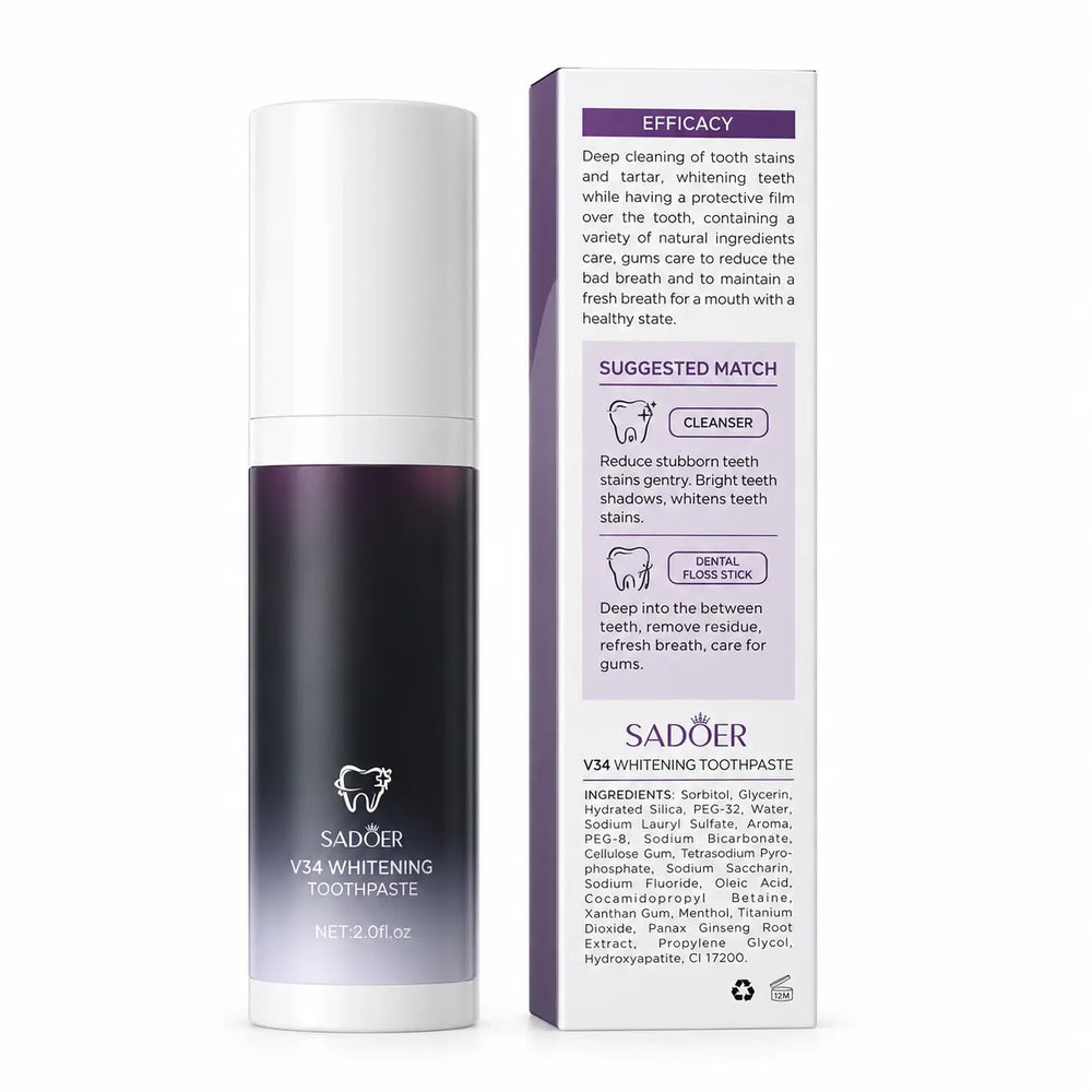 SADOER V34 Whitening Toothpaste bottle displayed beside its packaging box, featuring a white and dark purple design with toothpaste whitening benefits and product details.