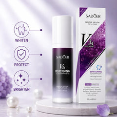 SADOER V34 Whitening Toothpaste bottle and packaging box displayed on a marble pedestal, with whitening, protection, and brightening benefit icons.