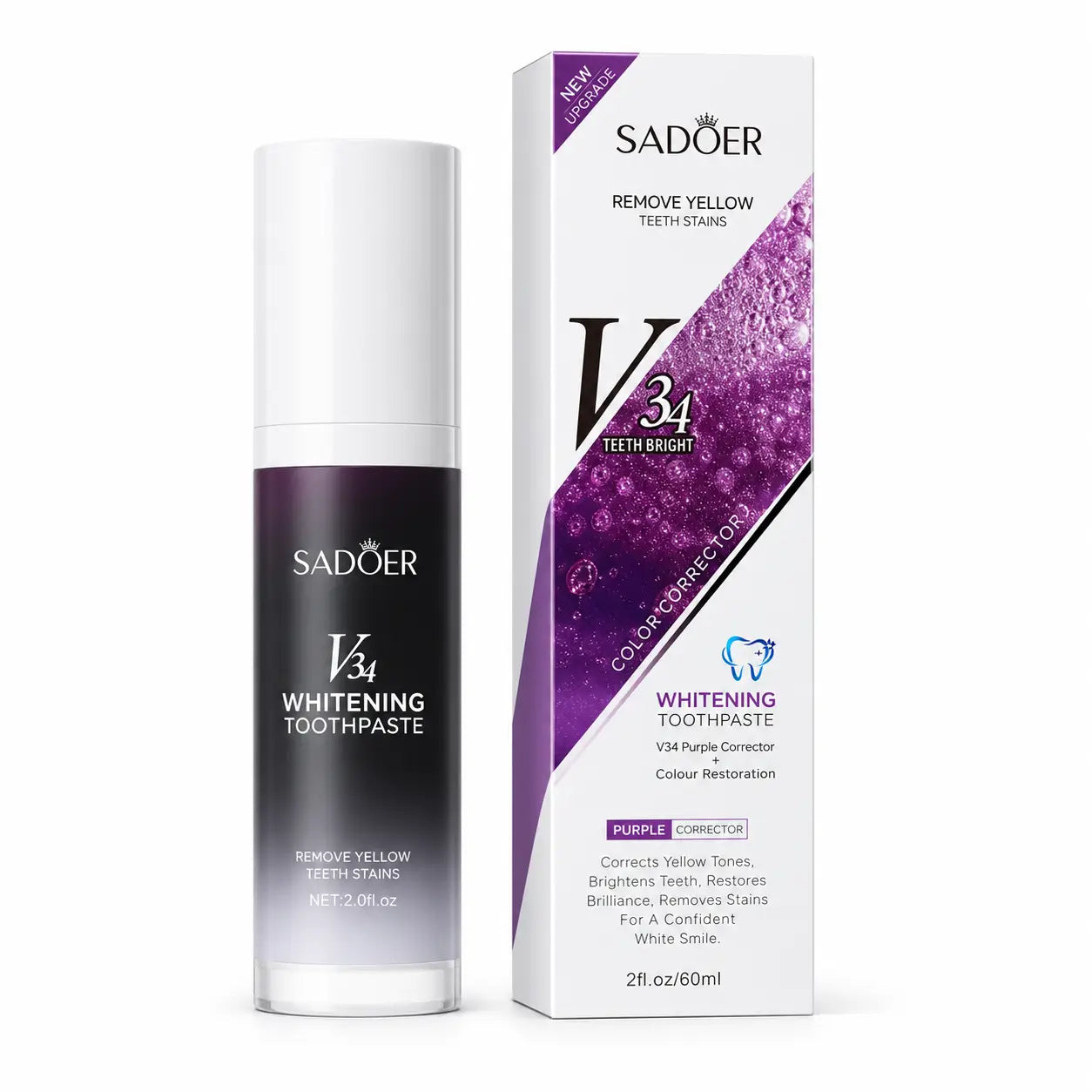 SADOER V34 Whitening Toothpaste bottle displayed beside its retail packaging box with a purple and white color-corrector design.
