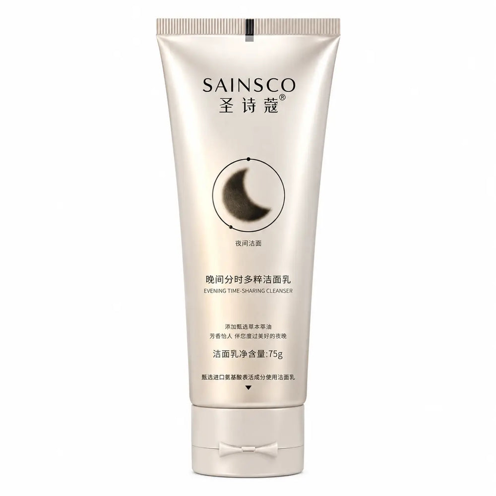 Sainsco Evening Time-Sharing Cleanser in a silver and gold gradient tube