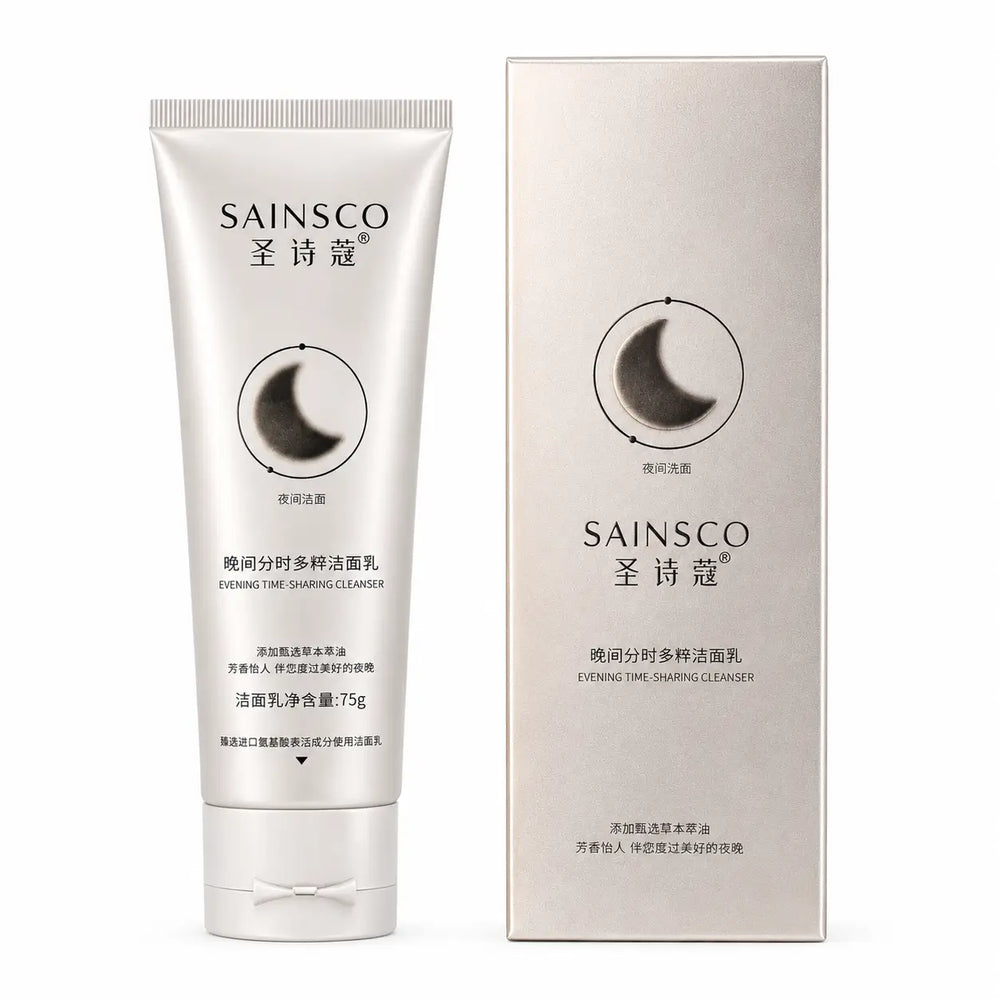 Sainsco Evening Time-Sharing Cleanser in a white tube with matching box