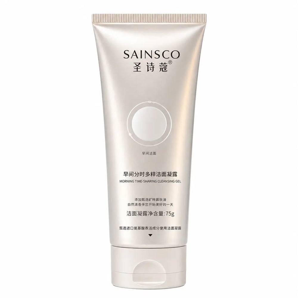 Sainsco Morning Time-Sharing Cleansing Gel in a metallic silver tube with white cap