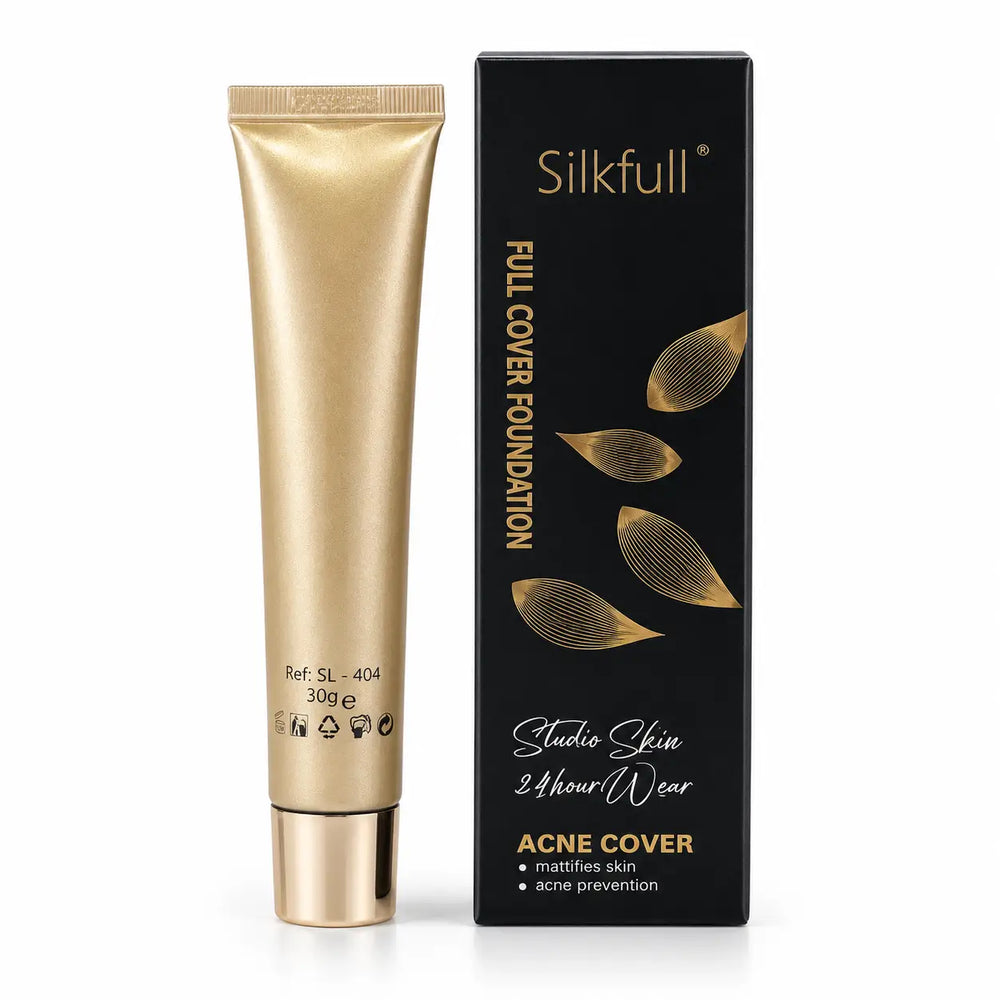 Silkfull Full Cover Foundation tube with retail box displayed on a marble pedestal, full coverage foundation for flawless makeup.