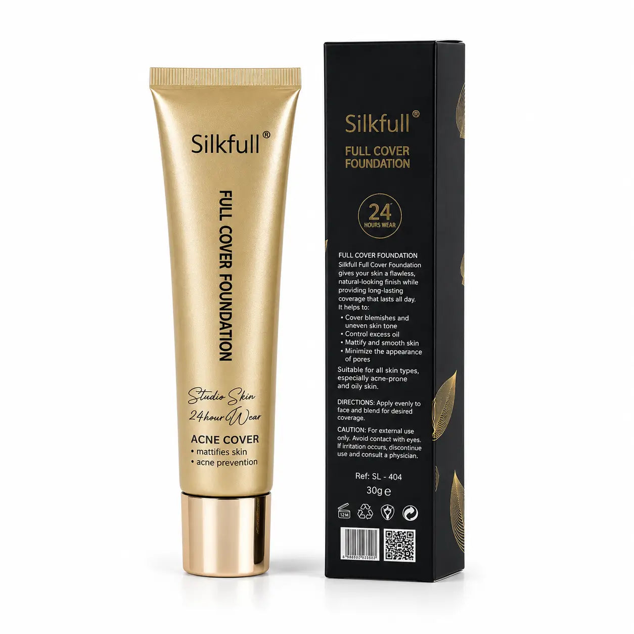 Silkfull Full Cover Foundation tube with back retail box showing product information, offering full coverage and a long-lasting matte finish.