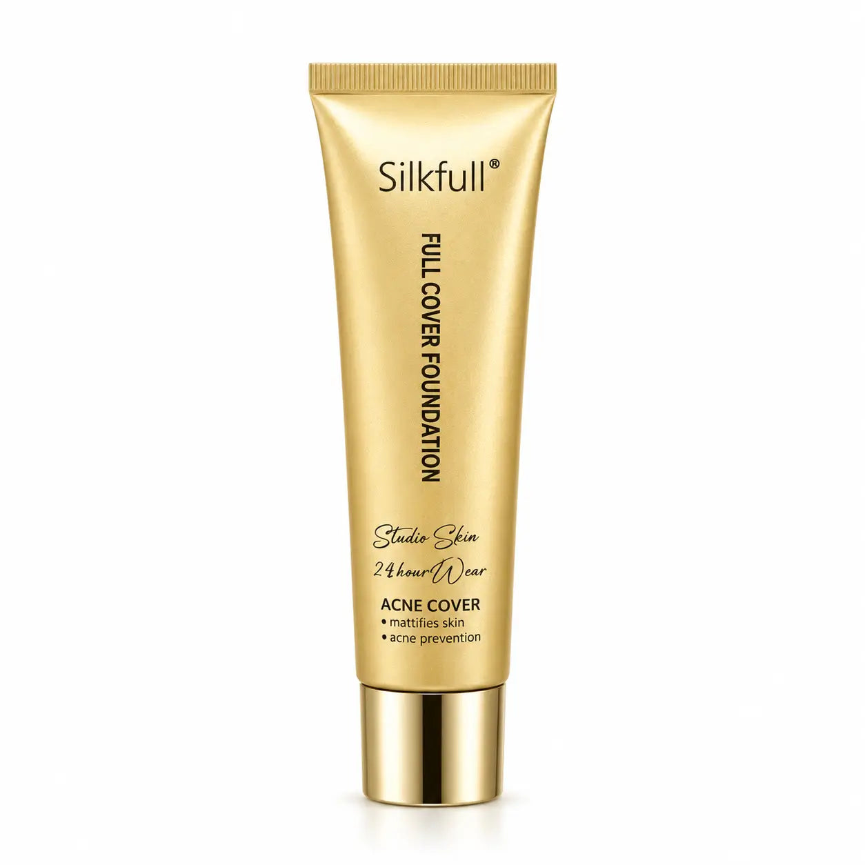Silkfull Full Cover Foundation 30g tube with premium gold packaging, providing full coverage and a smooth matte finish on a white background.