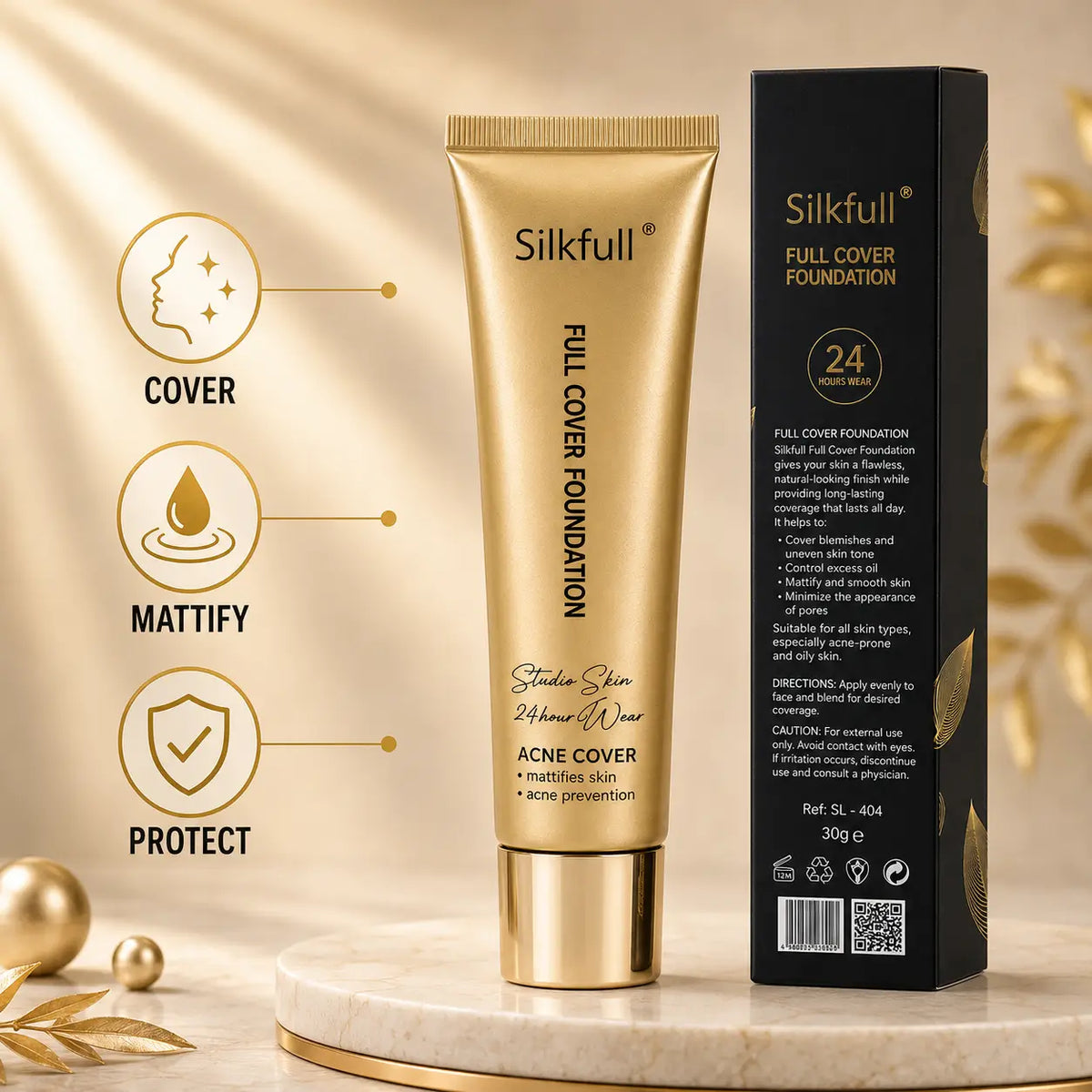 Silkfull Full Cover Foundation tube with premium retail box, providing full coverage, matte finish, and long-lasting makeup on a white background.