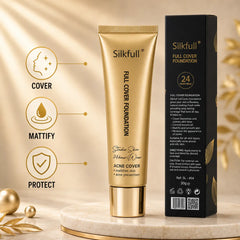 Silkfull Full Cover Foundation tube with premium retail box, providing full coverage, matte finish, and long-lasting makeup on a white background.