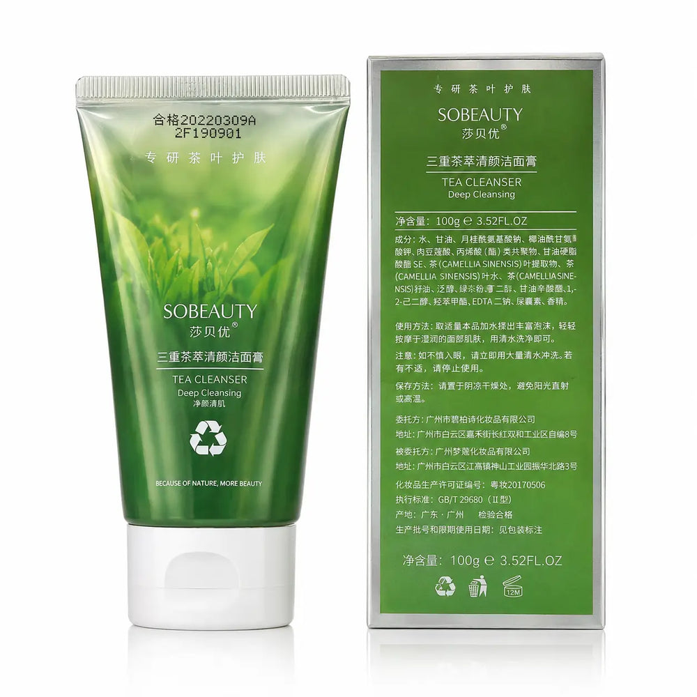 Back view of SOBAUTY Triple Ceramide Tea Face Wash tube with retail box showing ingredients, directions, and product information.