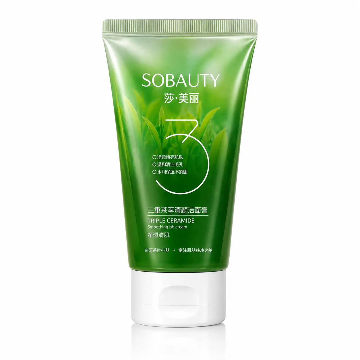 SOBAUTY Triple Ceramide Tea Face Wash in a green tube with triple ceramides for gentle cleansing, hydration, and skin barrier care.